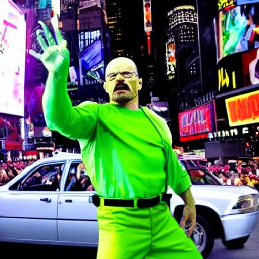 Prompt: walter white as incredible hulk throwing a car in time square