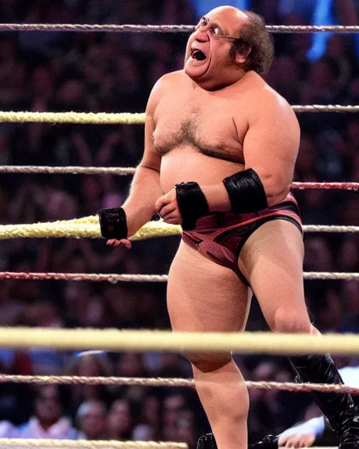 Image similar to danny devito as a wwe wrestler. photographic, photography