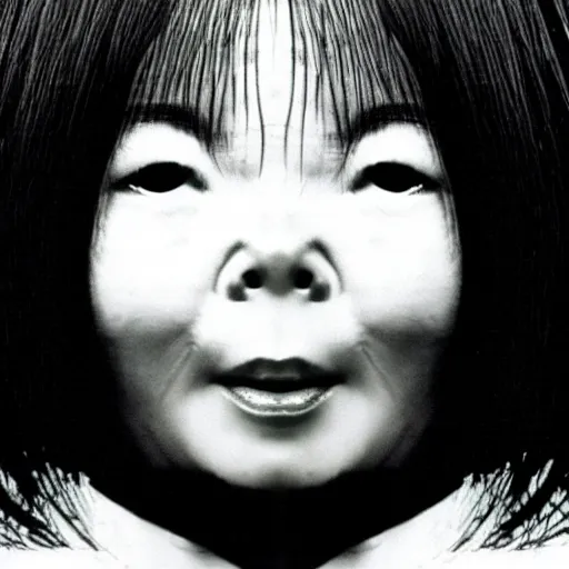 Image similar to Bjork climbs out of your TV screen towards you like Sadako, J-Horror, 90s, 35mm film