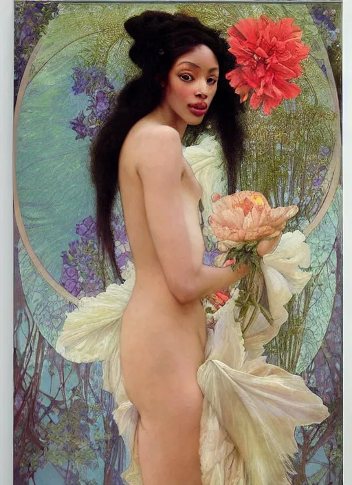 Image similar to a realistic oil painting of a beautiful young woman resembling winnie harlow, flowing robes, silk dress, peonies, crystal encrustations, underwater, fantasy art, by mucha, by bouguereau, intricate, colorful