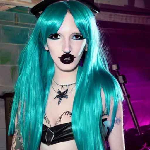 Prompt: full - body behind the scenes photo of bella thorne as gwen from total drama island, teal hair, goth aesthetic, focus on facial details, focus on full - body, cinematic lighting, realistic shadows