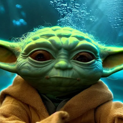 Prompt: stunning awe inspiring yoda swimming under water, 8 k hdr under water photo, amazing lighting