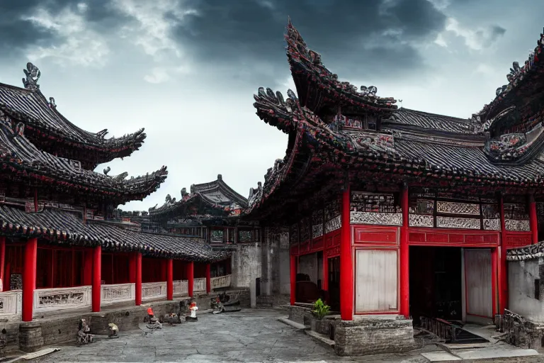 Prompt: Old Chinese architecture in a Chinese valley, dramatic sky, digital art, 4k, 8k, trending on ArtStation