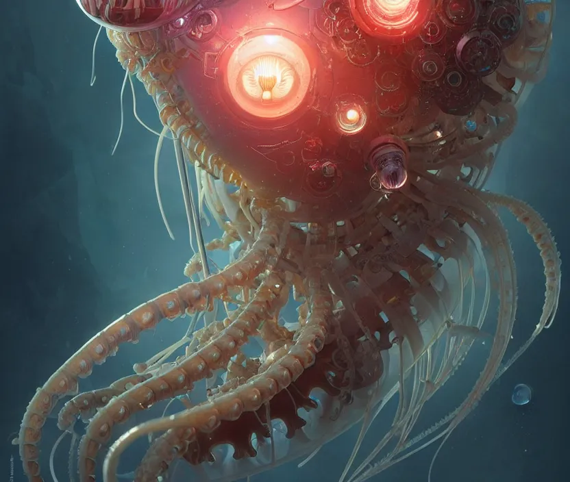 Image similar to Cyborg biomechanical jellyfish, sci-fi, highly detailed, digital painting, artstation, concept art, smooth, sharp focus, illustration, art by artgerm and greg rutkowski and alphonse mucha