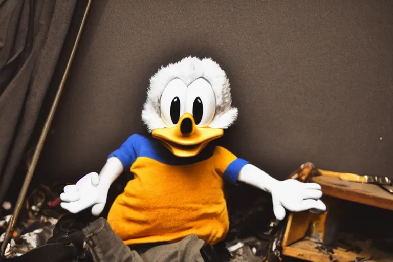 Image similar to donald duck hide in dark corner of dirty messy room, smiling, warm low light, dream core, horror