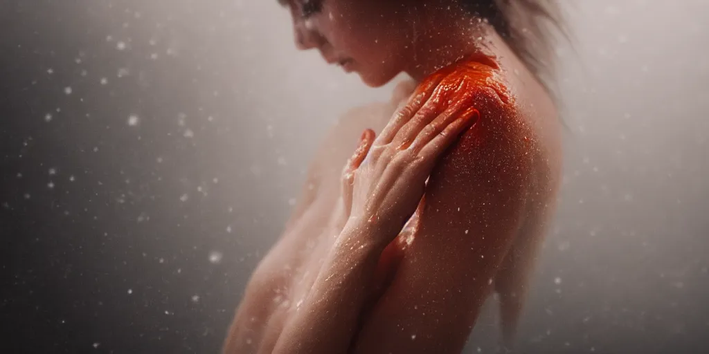 Image similar to a blurry closeup picture of woman's skin gripped tightly, female bodies, hands, dripping wet, macro photography, long exposure photograph, surrealism, anamorphic bokeh, cozy, soft light, cyan and orange, caustic, atmospheric fog, octane render, cinematic