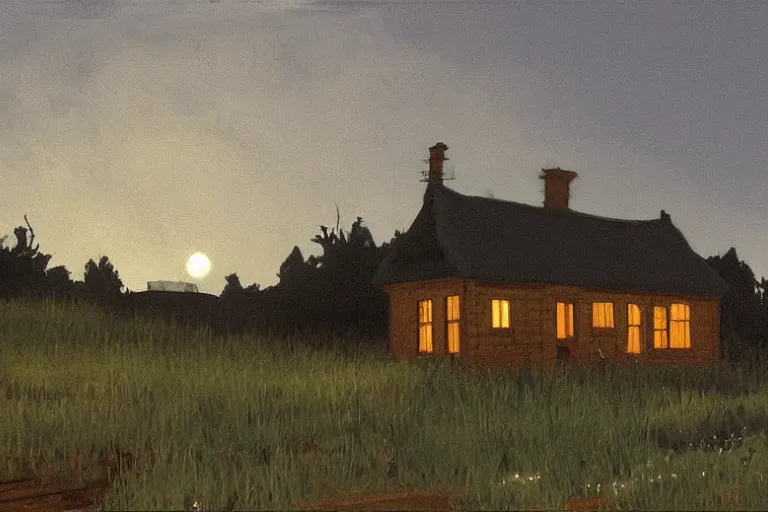 Image similar to a cinematic hyperrealism highly detailed photograph of a small cottage in a dark black night on a wide prairie, by issac levitan and studio ghibli, deviantart