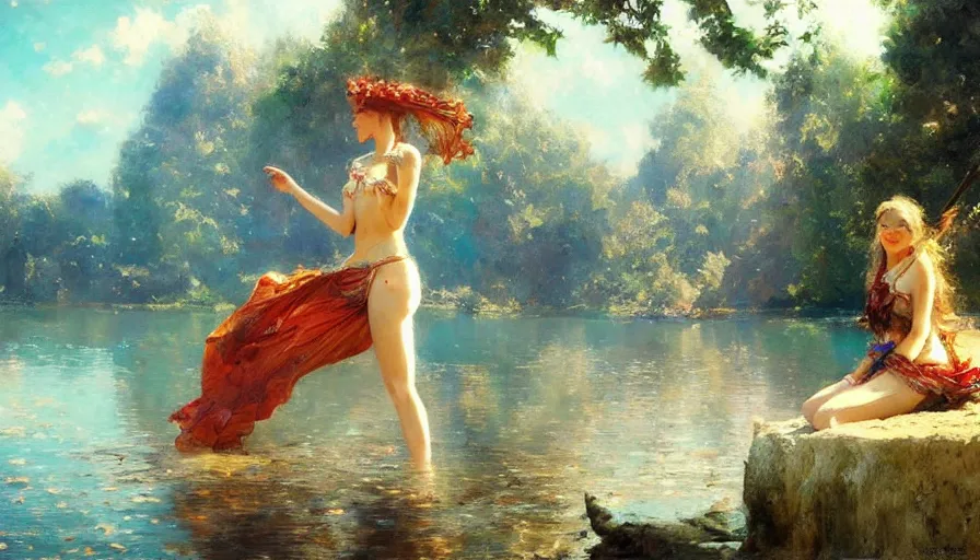 Image similar to enchanted liberland with pretty women enjoying water, hyperdetailed, artstation, painting by gaston bussiere, craig mullins, j. c. leyendecker r