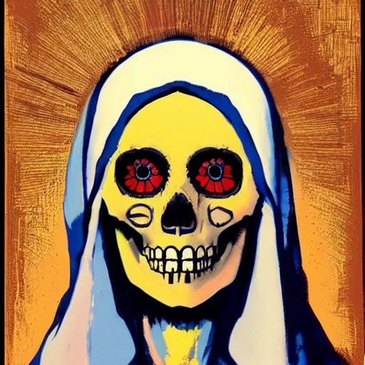 Image similar to painting of the virgin mary skull face by greg rutkowski and andy warhol and jc leyendecker