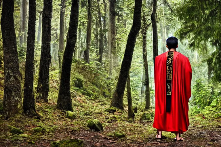 Image similar to versace avant garde male roman toga himation cloak intricate textiles streetwear cyberpunk asian american in the woods overcast late evening dramatic professional color 8 k hdr