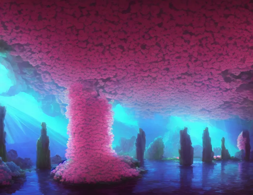 Prompt: vaporwave nightclub in a cherry blossom dripstone cave. oil painting by award - winning concept artist. backlighting, chiaroscuro, field of depth.