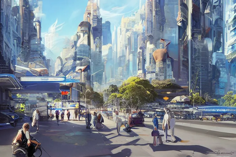 Prompt: the Supreme millionaire walks on the footpath of the bustling Solarpunk Australian city, blue sky, hover cars and futuristic public transport, eco-friendly theme, telephoto lens, low shot camera angle, hyperdetailed artstation, concept art, sci-fi illustration, digital art, by James Gurney, by Stephan Martiniere