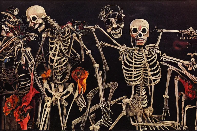 Image similar to scene from apocalypse now, day of the dead, cyber skeleton, neon painting by otto dix