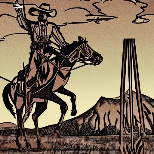 Image similar to digital illustration cowboy on the range, beautiful New Mexico landscape, Art Deco, dark deco, animated series, by Eric Radomski