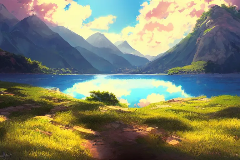 Image similar to Anime painting of a lake and mountain landscape, relaxed, calm, atmospheric, peacefull, trending on artstation, kimi no na wa