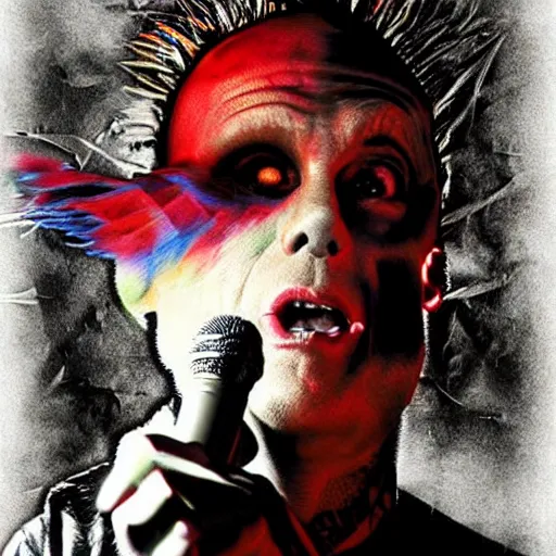 Prompt: keith flint from the prodigy singing on stage, by igor morski