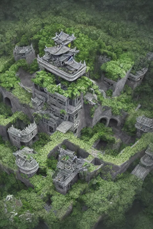 Image similar to giant ancient chinese castle in an forest with some ivy plants on the walls, by zhang zeduan, qiu ying, tang yin, cinematic, epic, dramatic lighting from above, dark, vines, fantasy, dust, unreal engine, octane, highly detailed, concept art, dark, super realistic