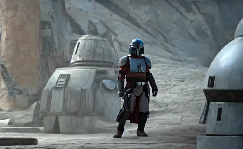 Prompt: still image screenshot portrait of luke skywalker in mandalorian armor on the new episode of the mandalorian disney + bounty hunter soldiers in front of a strange building, moody mining planet, anamorphic lens