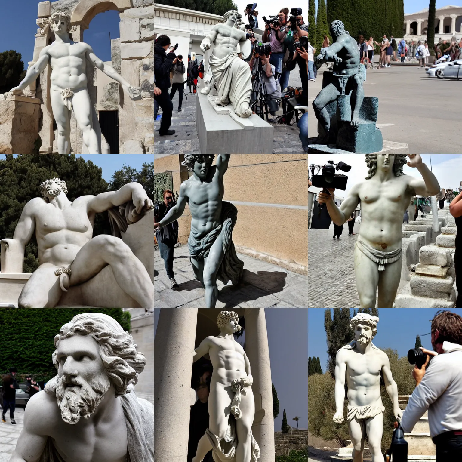 Prompt: a greek statue chased by paparazzi