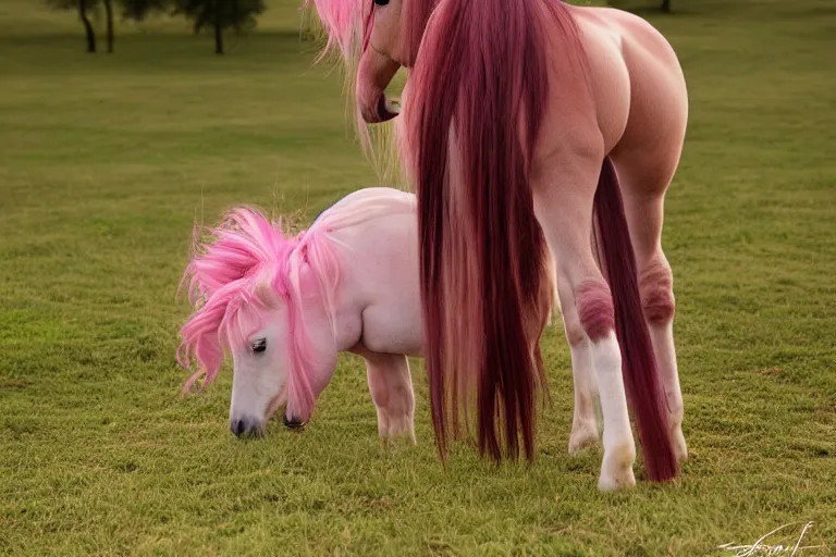 Prompt: Pinkie Pie equine, view from behind, pony facing away, professional photography and mood lighting, equine photo, sitting down, flowing mane and tail, relaxed expression