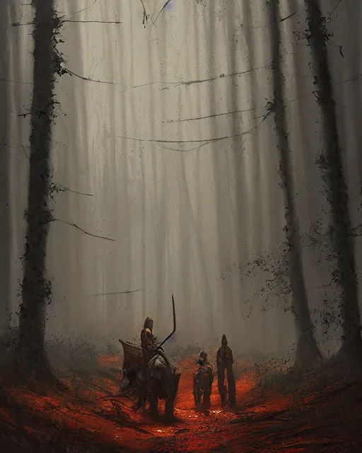 Prompt: Hyper realistic painting of a knight in full plate armor that has completely turned to rust, hyper detailed, surrounded by a dark forest, fog, moody, creepy, cinematic lighting, by greg rutkowski, trending on artstation