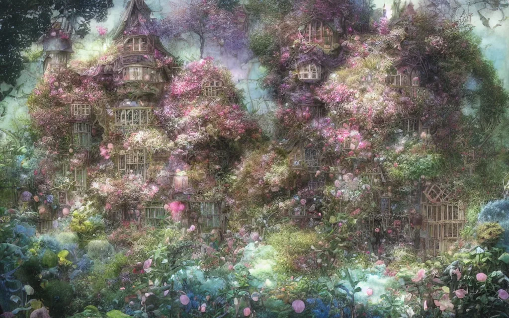 Prompt: a beautiful house in a garden, brian froud, yoshitaka amano, kim keever, victo ngai, james jean. pastel colors