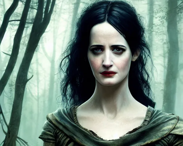 Image similar to 5 5 mm portrait photo of a real life tough looking battle hardened eva green as ciri with a thin face and a large scar across her left cheek, in a magical forest. dark atmosphere. art by greg rutkowski. highly detailed 8 k. intricate. lifelike. soft light. nikon d 8 5 0.