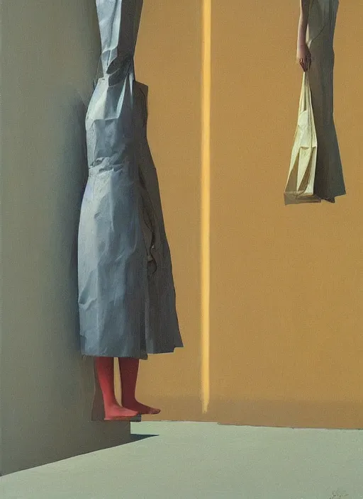 Image similar to woman in dress made from plastic bag with paper bags for clothes standing inside paper bags with paper bag over the head at store display Edward Hopper and James Gilleard, Zdzislaw Beksinski, highly detailed