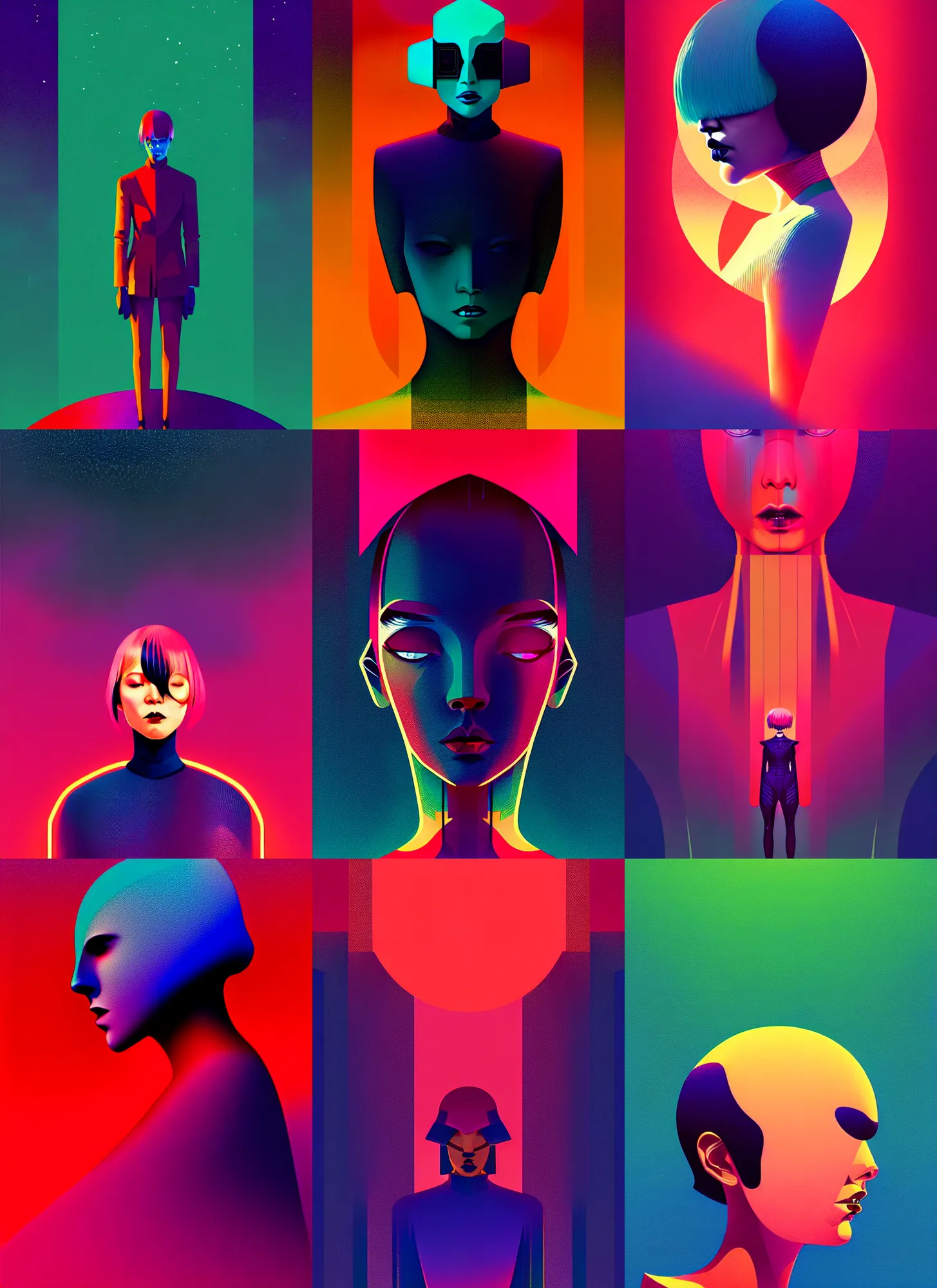 Prompt: ( ( dither ) ), editorial illustration portrait of reol, dynamic pose, modern art deco, colorful, ( ( mads berg ) ), christopher balaskas, victo ngai, rich grainy texture, detailed, dynamic composition, wide angle, moebius, matte print, ( ( night sky ) ), volumetric