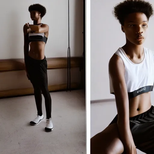 Image similar to realistic! photoshoot for a new nike lookbook, color film photography, portrait of a beautiful woman, location in a apartment, highly detailed, 8K, in style of tyler mitchell, 35mm