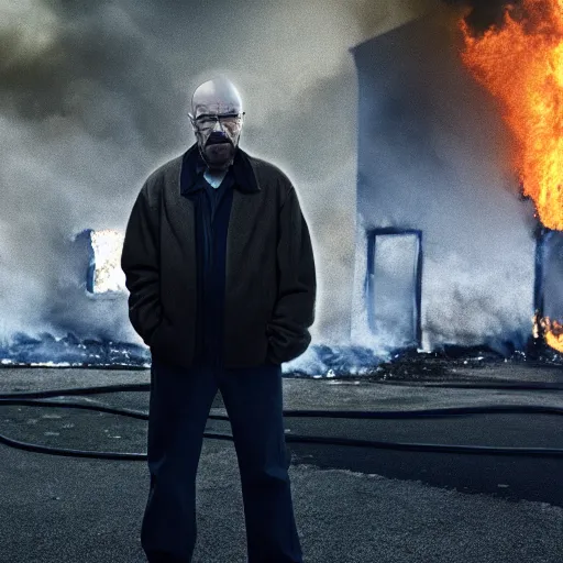 Image similar to a photo of walter white standing in front of a building on fire, highly detailed, 4 k