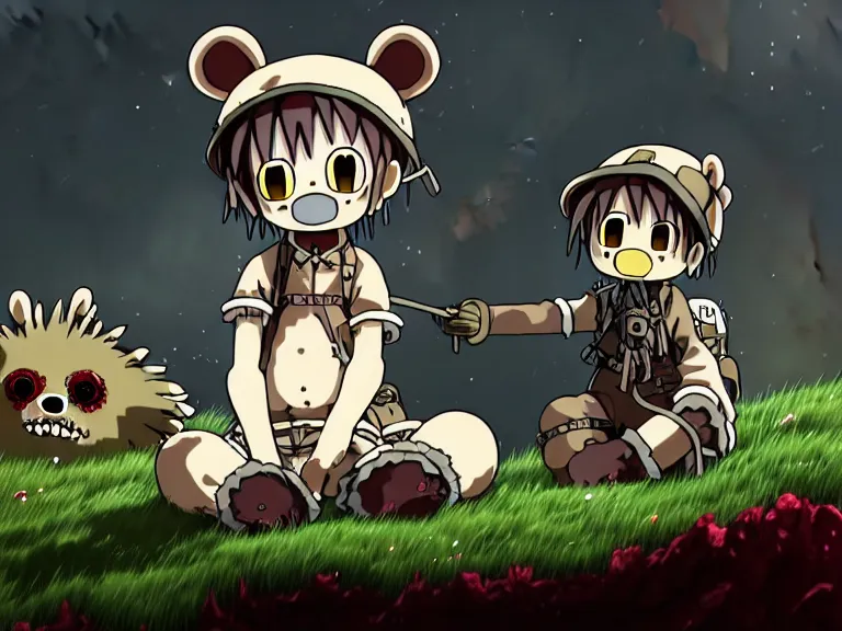 Prompt: high resolution 4 k gore, blood, furry bears horror made in abyss design bizarre design body a field of cool colors shading war bloody war wounded country bears rock afire explosion billy bob made in abyss body horror bears fluffy cute deformed black sky ziricote ivory brazilian rosewoodart in the style of akihito tsukushi and jim henson