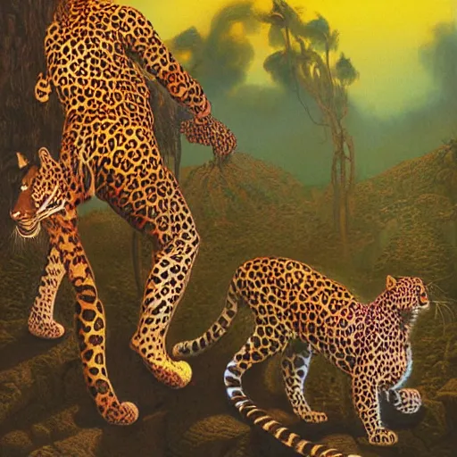 Prompt: leopards wearing leopard animal print clothing, dancing around in a fire drinking and laughing, magical bright world, volumetric lighting, Artwork by Richard Corben + Mark Arian + Wayne Barlowe + Boris Vallejo + Julie Bell + Zdzisaw Beksinski + Ed Binkley + Mark Brooks + Jean Delvil