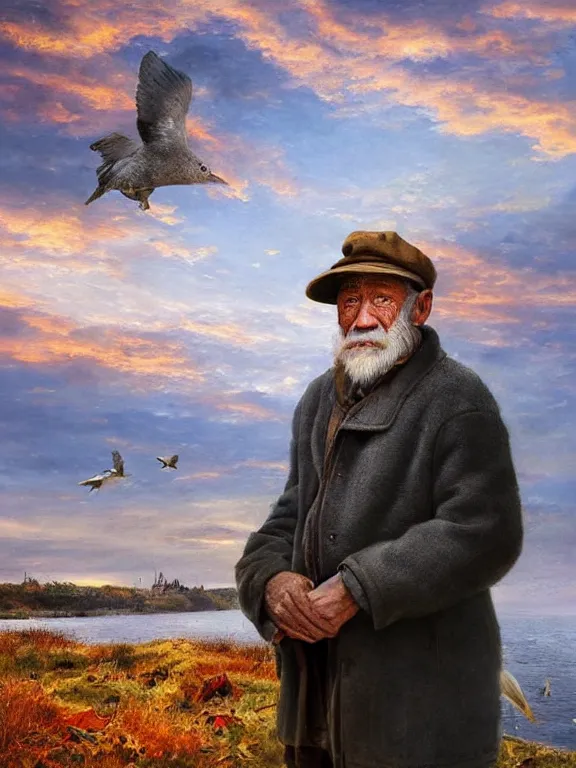 Prompt: realistic renderings portrait of very old fisher man portrait with a hat, wearing a fisher 🧥, ( ( ( a bird in the sky ) ) ) port scene background, astonishing scenes, detailed, photorealism, volumetric lighting, autumn lights colors, ultra detailed