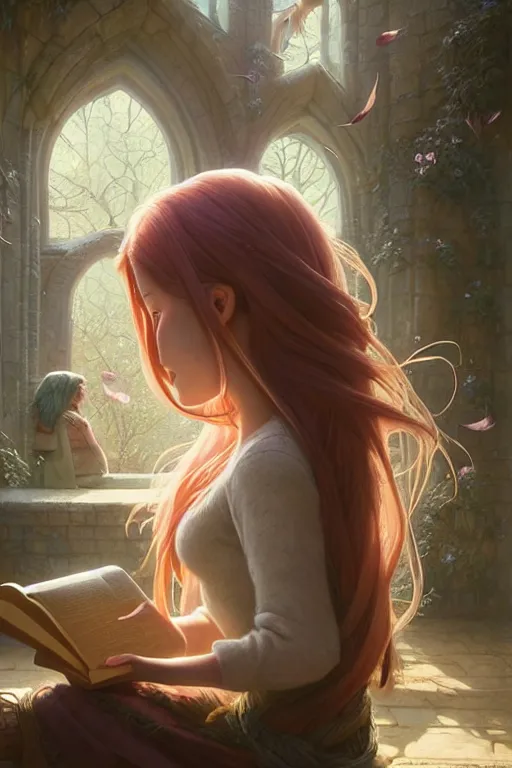 Prompt: highly detailed portrait of beautiful girl reading a book, hair flowing down, in shrek, blurred hands, dynamic pose, unreal engine, fantasy art by greg rutkowski, loish, rhads, ferdinand knab, makoto shinkai and lois van baarle, ilya kuvshinov, rossdraws, tom bagshaw, global illumination, radiant light, detailed and intricate environment