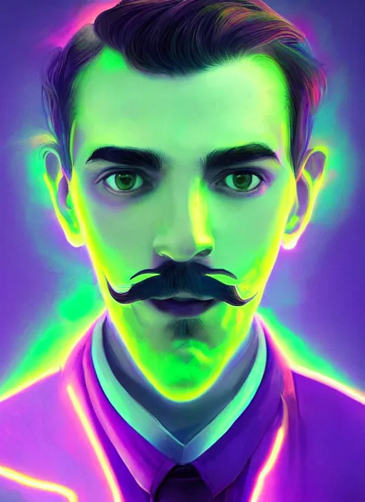 Image similar to symmetry!! a portrait young tech mage with a salvador dali moustache and a soul patch by artgerm and greg rutkowski, purple and green colors, neon light, volumetric lighting, mystical vibe, magical, very detailed, intricate, 4 k