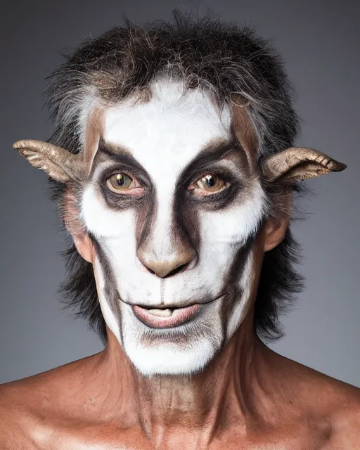 Prompt: Mauricio Macri in Elaborate Pan Satyr Goat Man Makeup and prosthetics designed by Rick Baker, Hyperreal, Head Shots Photographed in the Style of Annie Leibovitz, Studio Lighting