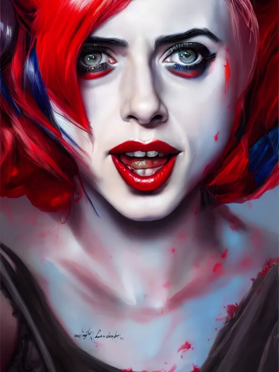 Prompt: krysten ritter as harley quinn, digital painting, extremely detailed, 4 k, intricate, brush strokes, mark arian, artgerm, bastien lecouffe - deharme