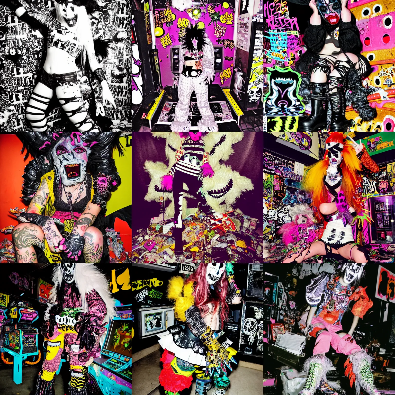 Prompt: photo of lace monster wearing ripped up dirty Swear kiss monster teeth yeti platform boots in the style of Rammellzee in the style of 1990's FRUiTS magazine 20471120 in japan and Gothic & Lolita Bible magazine and Insane Clown Posse JNCOs CyberDog in a dirty dark dark dark poorly lit arcade full of trash and garbage server racks and cables everywhere in the style of Juergen Teller in the style of Shoichi Aoki, japanese street fashion, KEROUAC magazine, Walter Van Beirendonck W&LT 1990's, Vivienne Westwood, y2K aesthetic