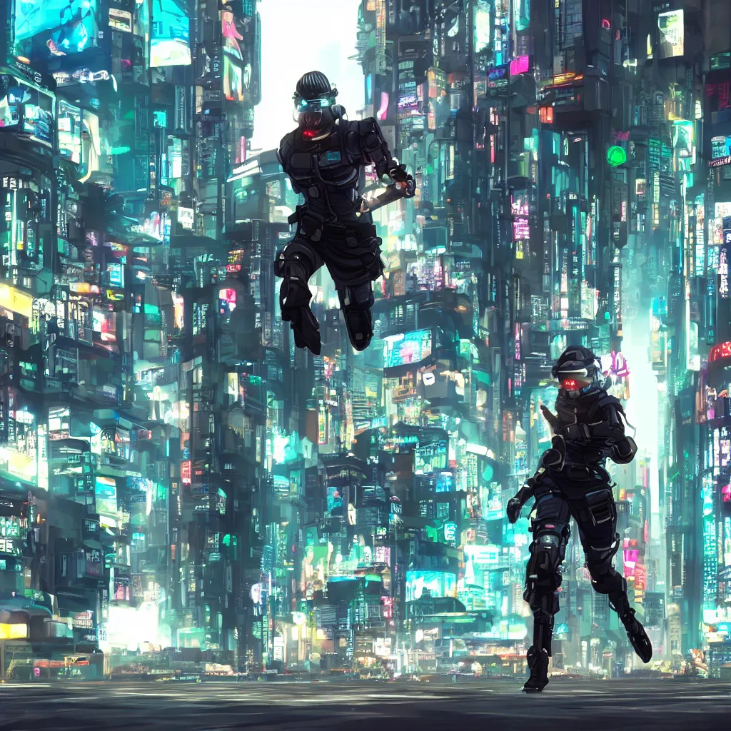 Prompt: a cyberpunk soldier running in full speed in a cyberpunk city, anime