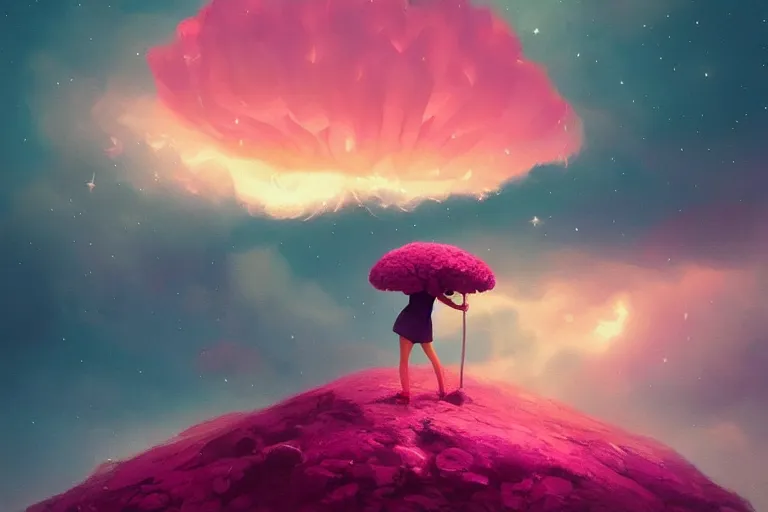 Image similar to giant pink flower as a head, girl standing on mountain, surreal photography, stars, dramatic light, impressionist painting, storm clouds, digital painting, artstation, simon stalenhag