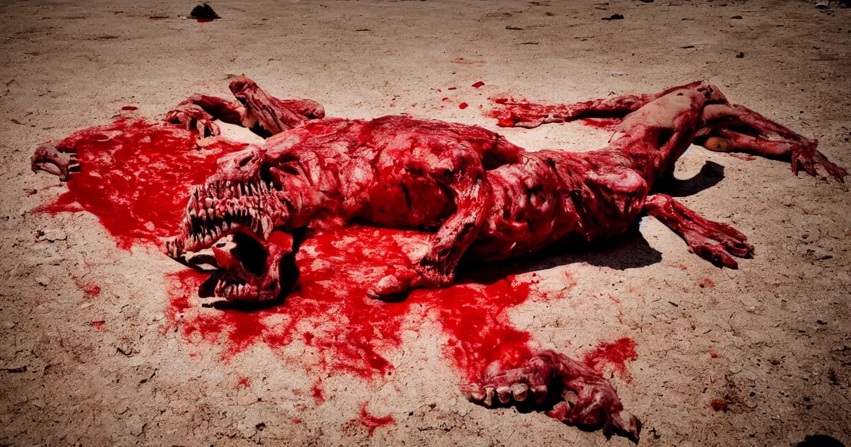 Image similar to in the desert a bloody gross horrifying The Thing creature made of muscle and bone and blood stares at the camera, eating, there is a pool of blood on the ground, mid day, 35mm photography, realistic,