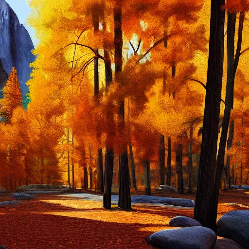 Image similar to painting of Yosemite on an autumn day, in the style of Mark Zuckerberg. Beautiful landscape, great lighting, very detailed, 8k, trending on art station