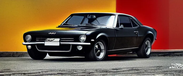 Prompt: black audi camaro b 1 ( 1 9 6 7 ) with stripes, retro poster, establishing shot