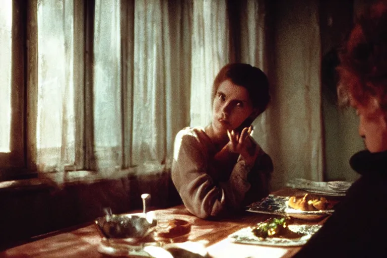 Prompt: soviet movie still a soviet woman sitting at a table next to the window with food, dark warm light, a character portrait by margarita terekhova, movie stalker solaris film still by andrei tarkovsky, 8 k, 1 9 8 4, close - up bokeh, gelios lens, color, noir