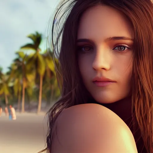 Image similar to real life photo of a beautiful girl, full body photoshoot, long brown hair, brown eyes, full round face, short smile, belly free, thin long sleeved, beach setting, cinematic lightning, medium shot, mid - shot, highly detailed, trending on artstation, unreal engine 4 k, 8 0 mm, 8 5 mm, cinematic wallpaper