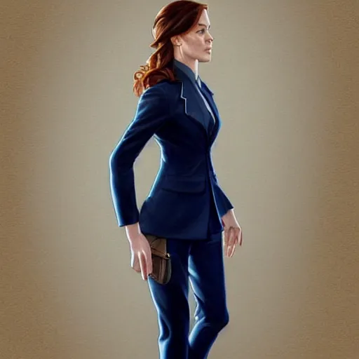 Image similar to full figure ultra realistic illustration, evan rachel wood wearing a navy blue pantsuit, auburn hair, intricate, elegant, highly detailed, digital painting, artstation, concept art, smooth, sharp focus, illustration, art by artgerm and greg rutkowski and alphonse mucha