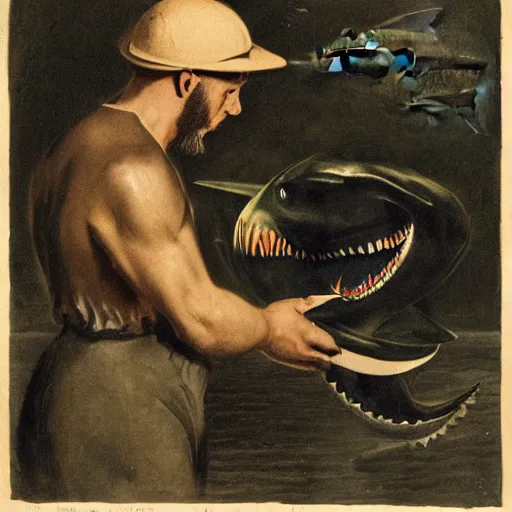 Image similar to a man eating a shark