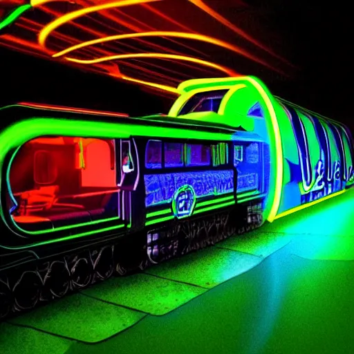 Prompt: cybertronic neon train, mechanical, glowing, shooting flames