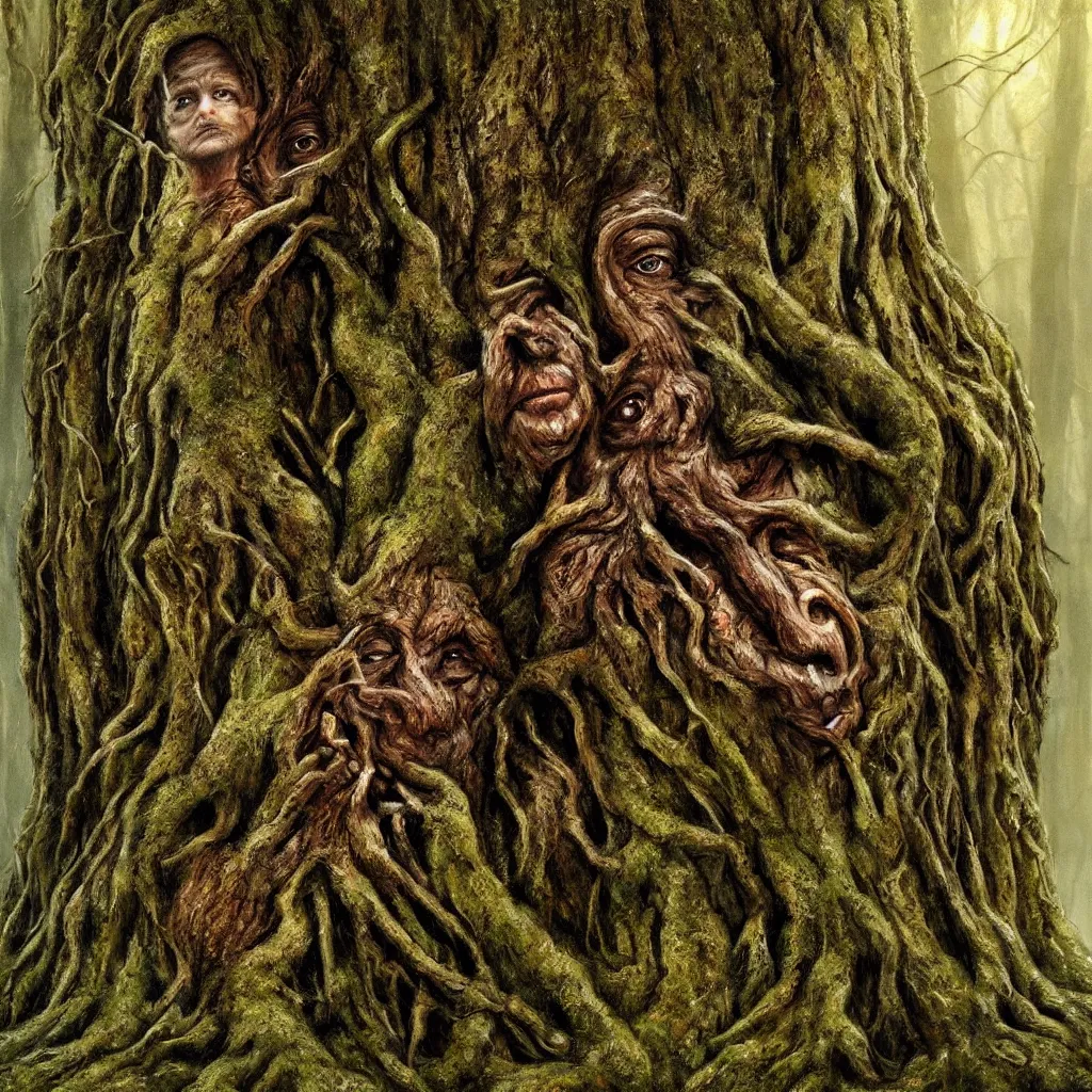 Prompt: a talking oak tree, a face in the bark, nose made of wood, eyes in the bark, mouth in the bark, fantasy concept art, leaves and moss, digital painting, oil painting, hyperrealistic, treebeard, ent, highly detailed, golden sunlight, very detailed eyes, artstation, cgsociety, in the forest, by alan lee, by artgerm